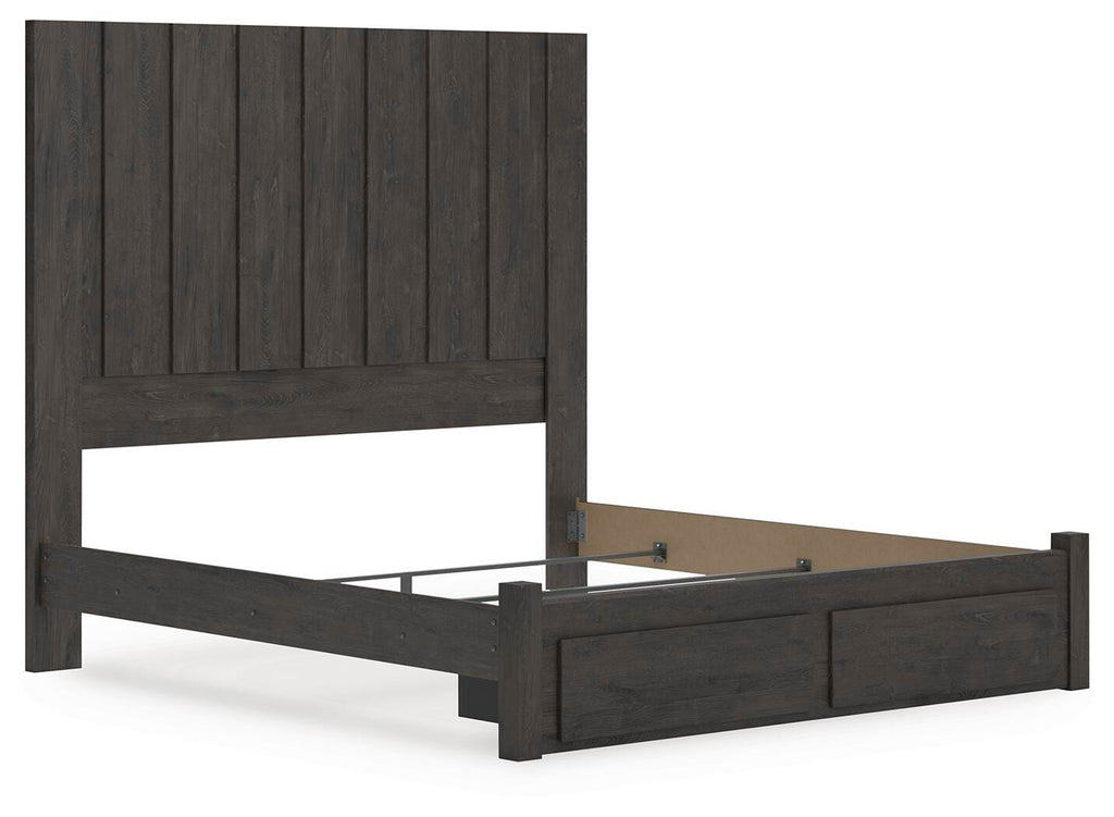 Fraluna King Panel Storage Bed in Charcoal, angle view