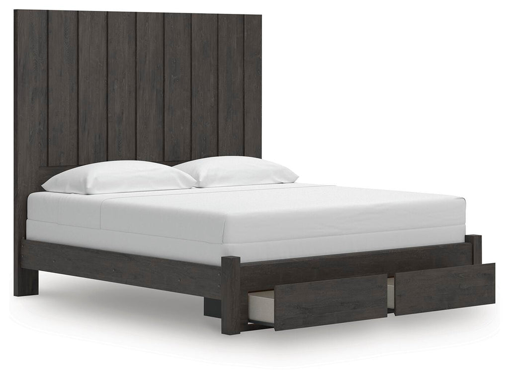 Fraluna King Panel Storage Bed in Charcoal, open view