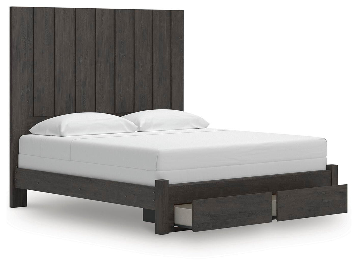 Fraluna King Panel Storage Bed in Charcoal, open view