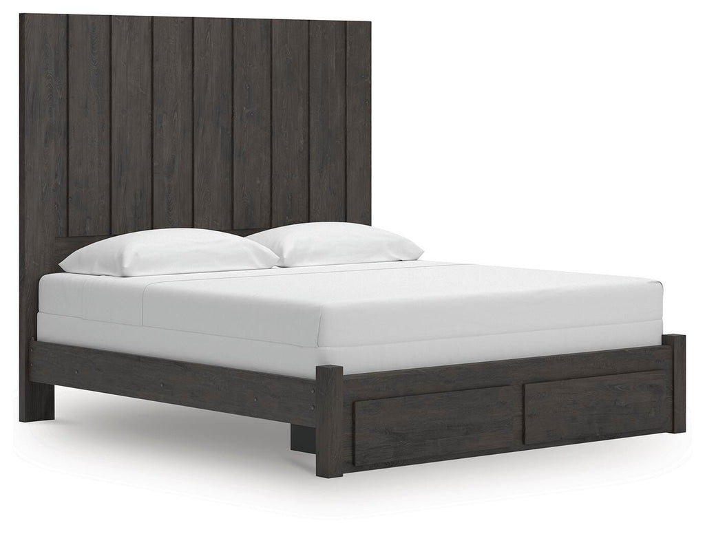 Fraluna King Panel Storage Bed in Charcoal, angle view