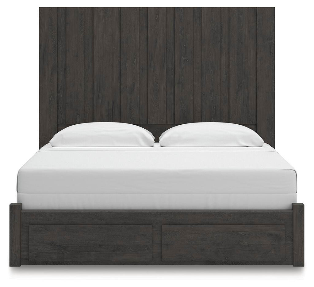 Fraluna King Panel Storage Bed in Charcoal, front view