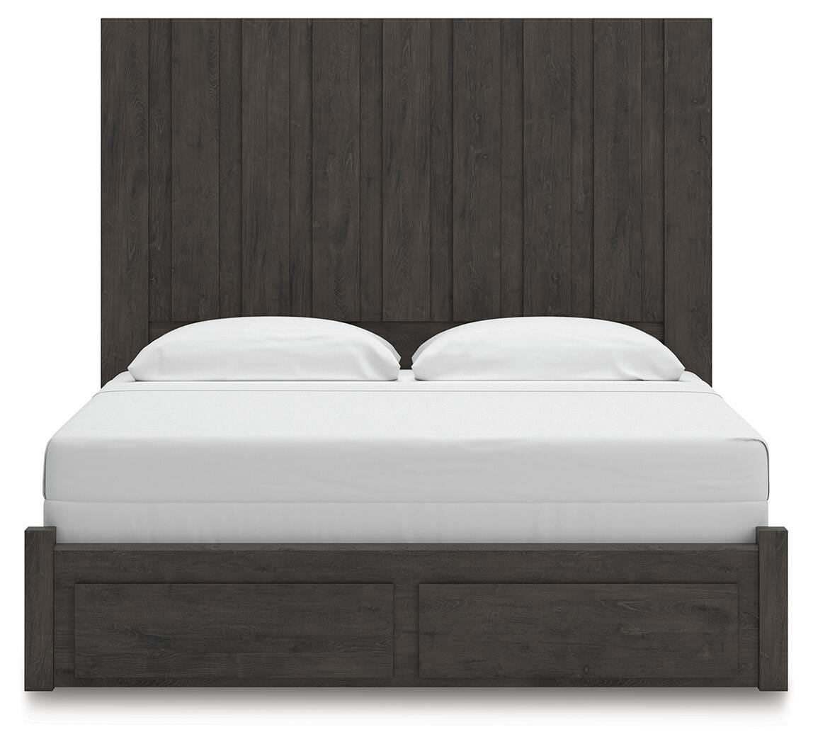Fraluna King Panel Storage Bed in Charcoal, front view