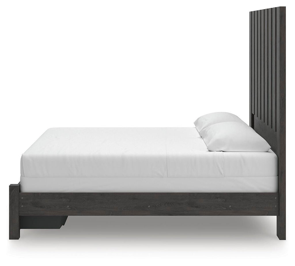 Fraluna King Panel Storage Bed in Charcoal, alternate side view
