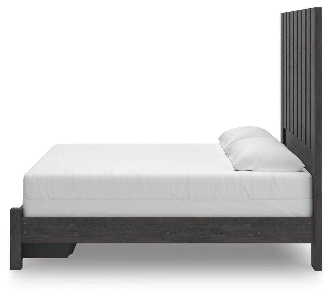 Fraluna King Panel Storage Bed in Charcoal, alternate side view