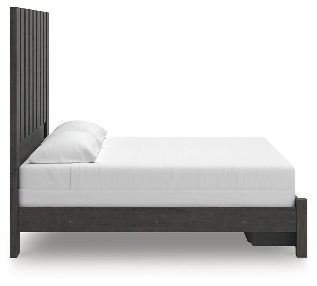 Fraluna King Panel Storage Bed in Charcoal, side view
