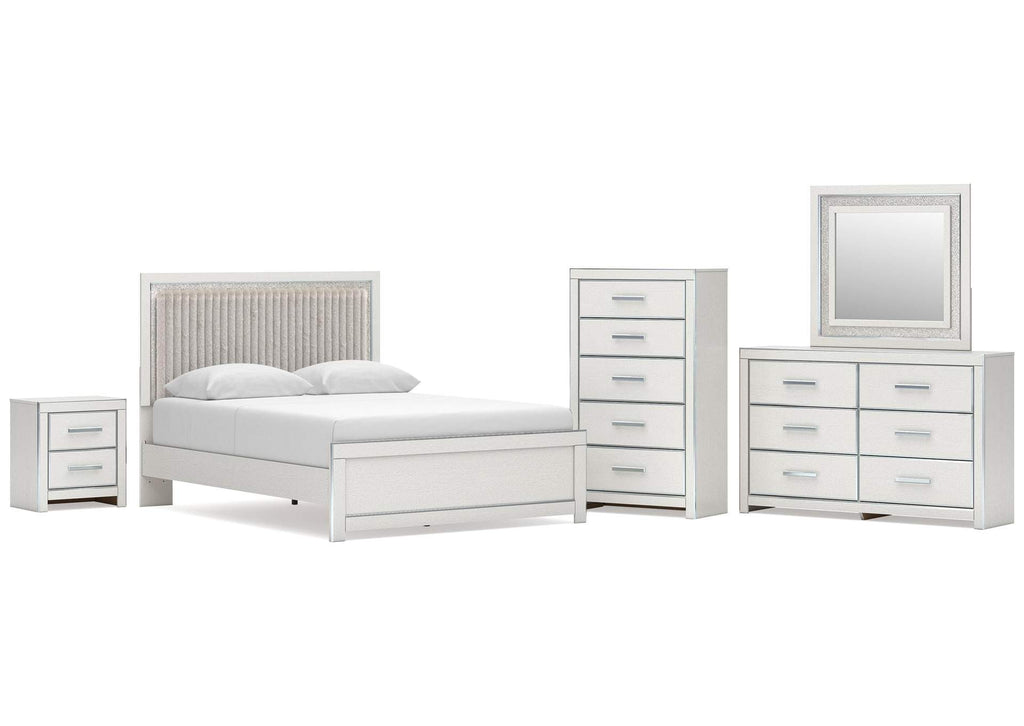 Birmonton Queen Upholstered Panel Platform Bed, Dresser, Mirror, Chest and Nightstand
