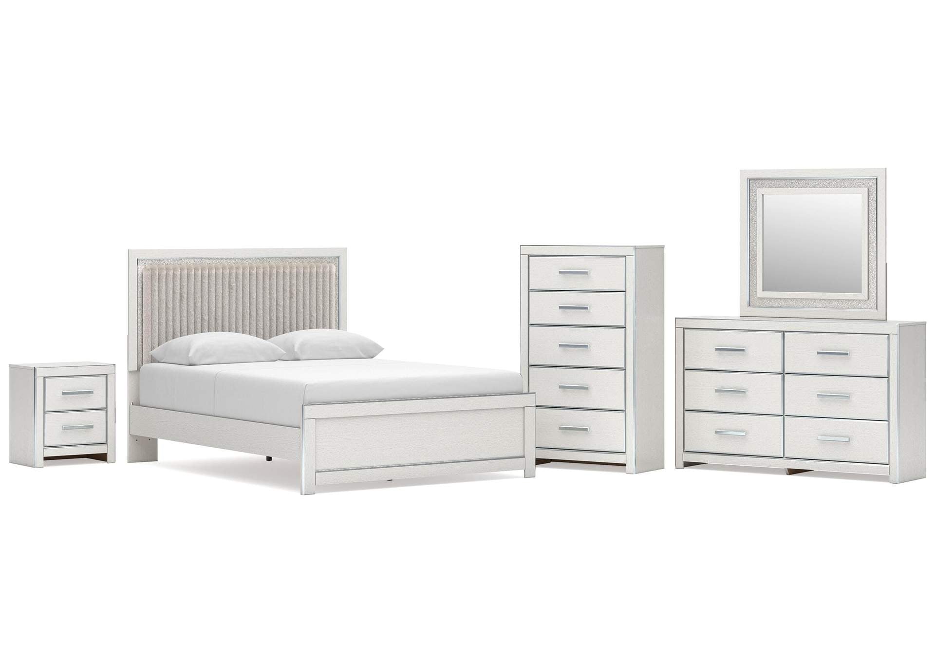 Birmonton Queen Upholstered Panel Platform Bed, Dresser, Mirror, Chest and Nightstand