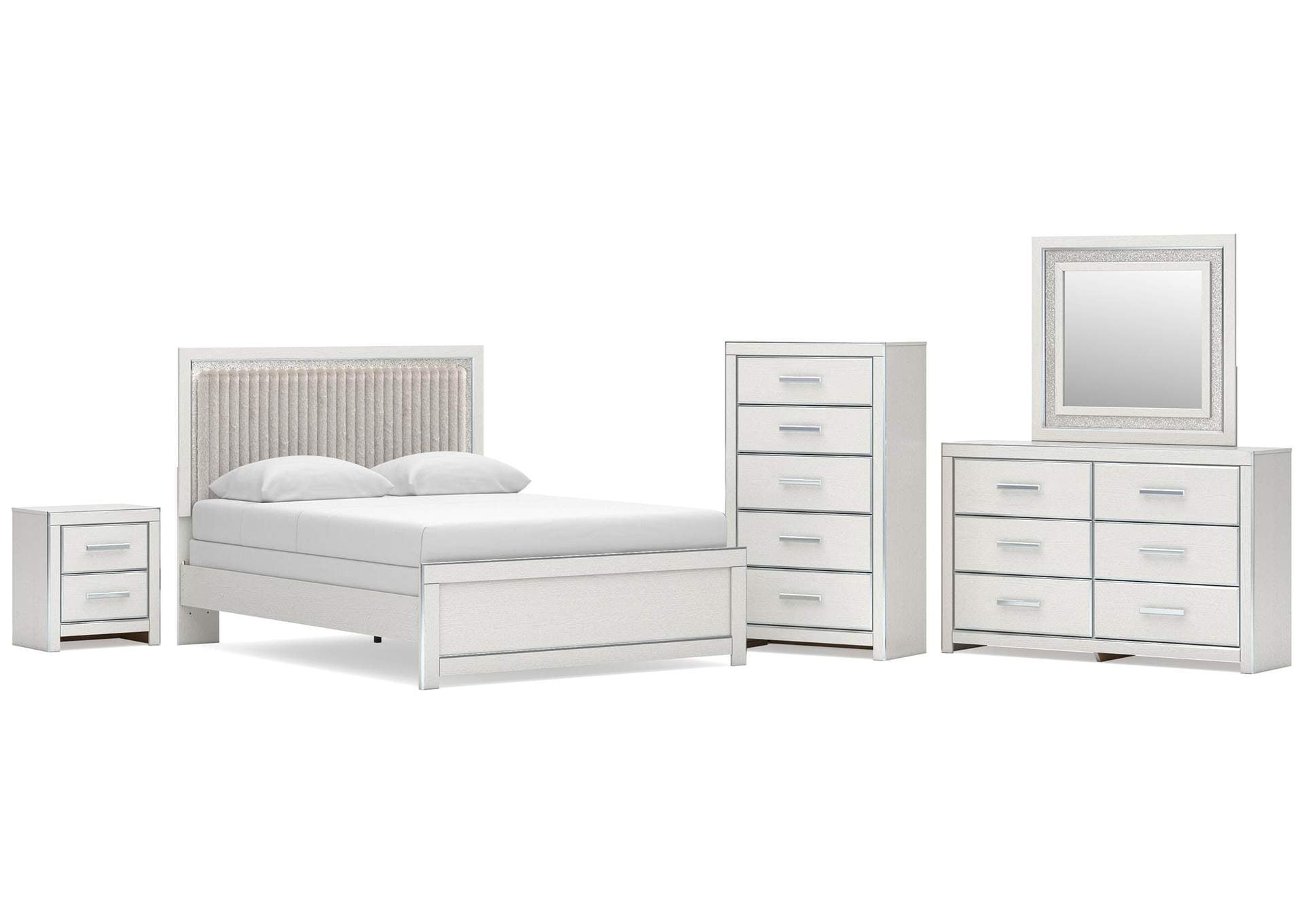 Birmonton Queen Upholstered Panel Bed, Dresser, Mirror, Chest and Nightstand