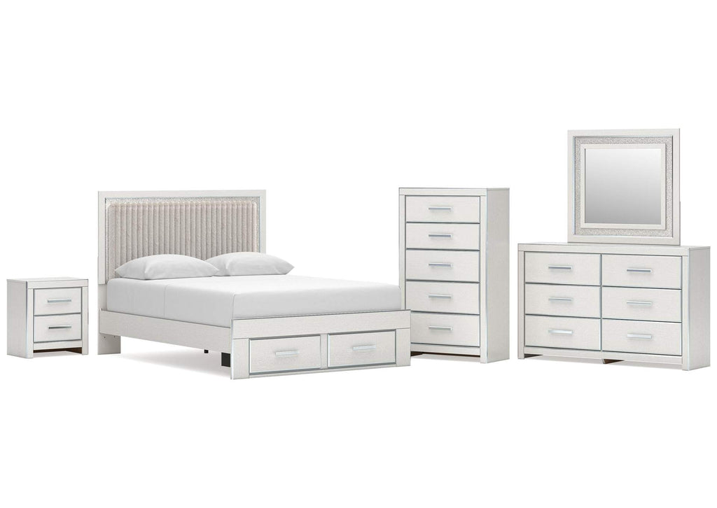 Birmonton Queen Upholstered Panel Platform Storage Bed, Dresser, Mirror, Chest and Nightstand