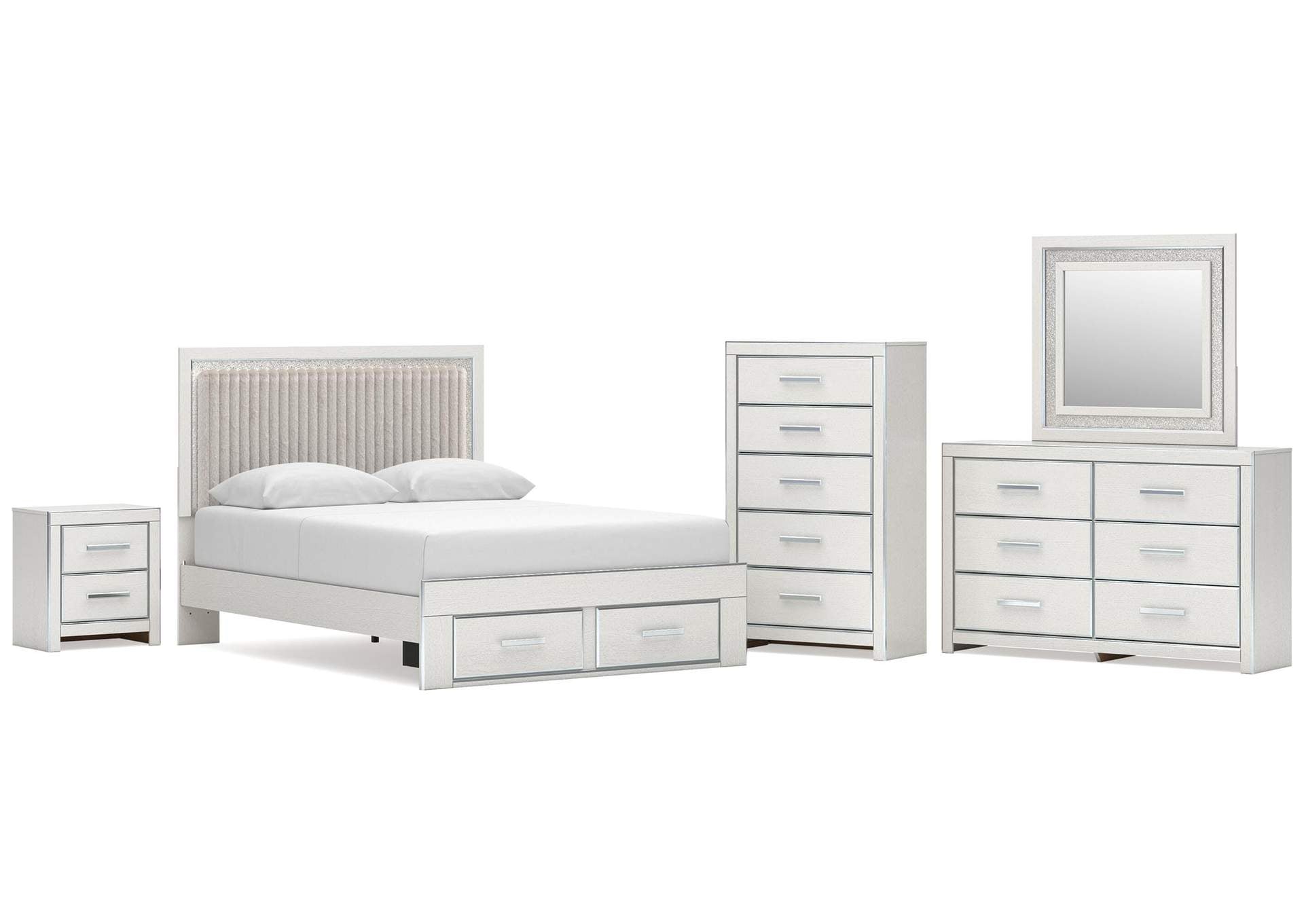 Birmonton Queen Upholstered Panel Platform Storage Bed, Dresser, Mirror, Chest and Nightstand