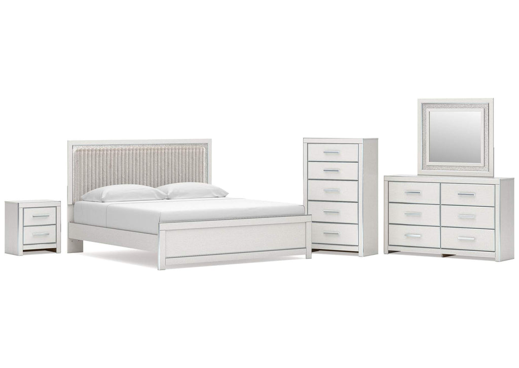 Birmonton King Upholstered Panel Platform Bed, Dresser, Mirror, Chest and Nightstand