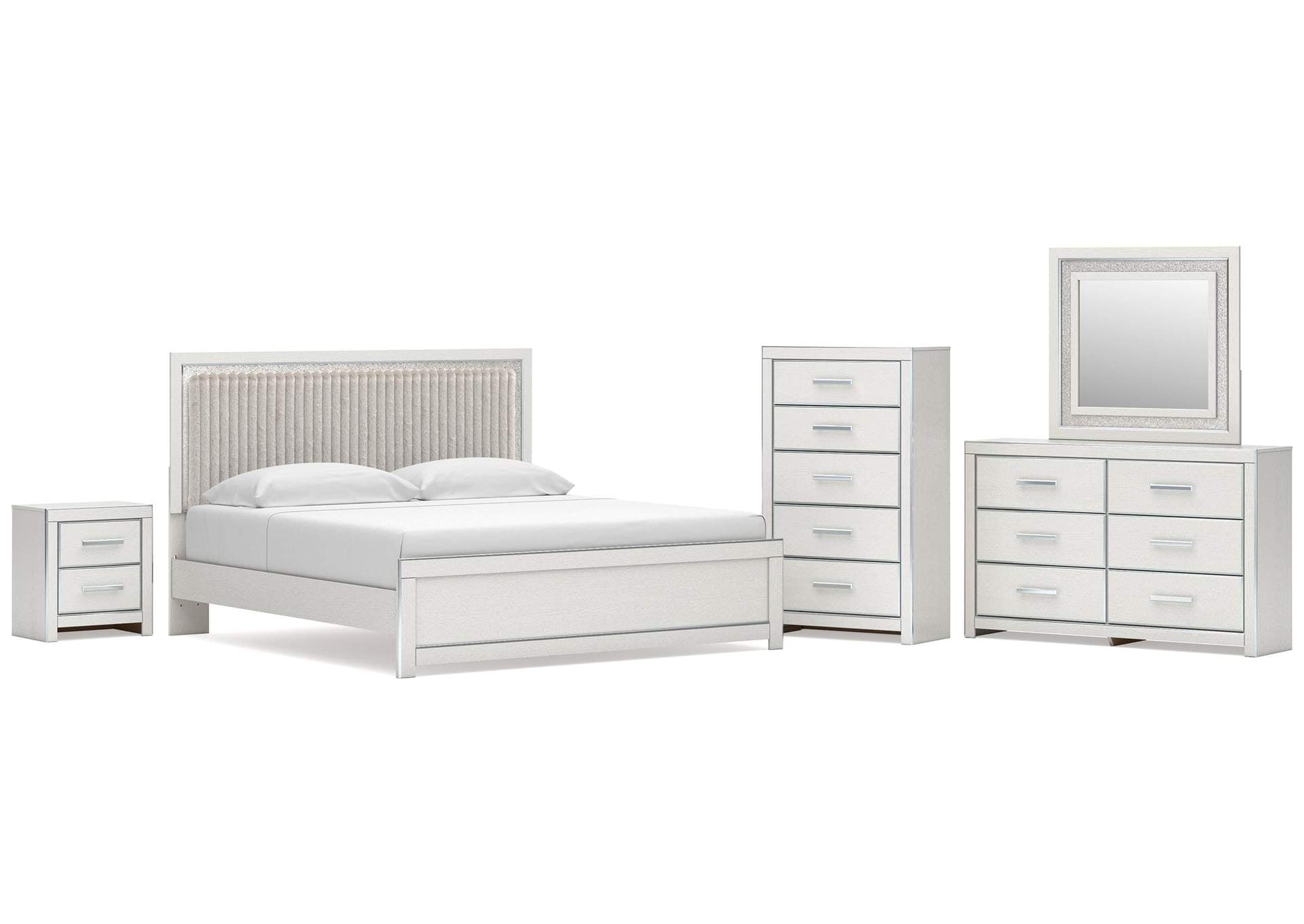 Birmonton King Upholstered Panel Platform Bed, Dresser, Mirror, Chest and Nightstand