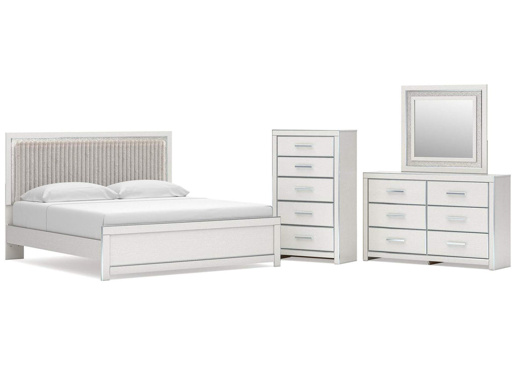 Birmonton King Upholstered Panel Platform Bed, Dresser, Mirror and Chest
