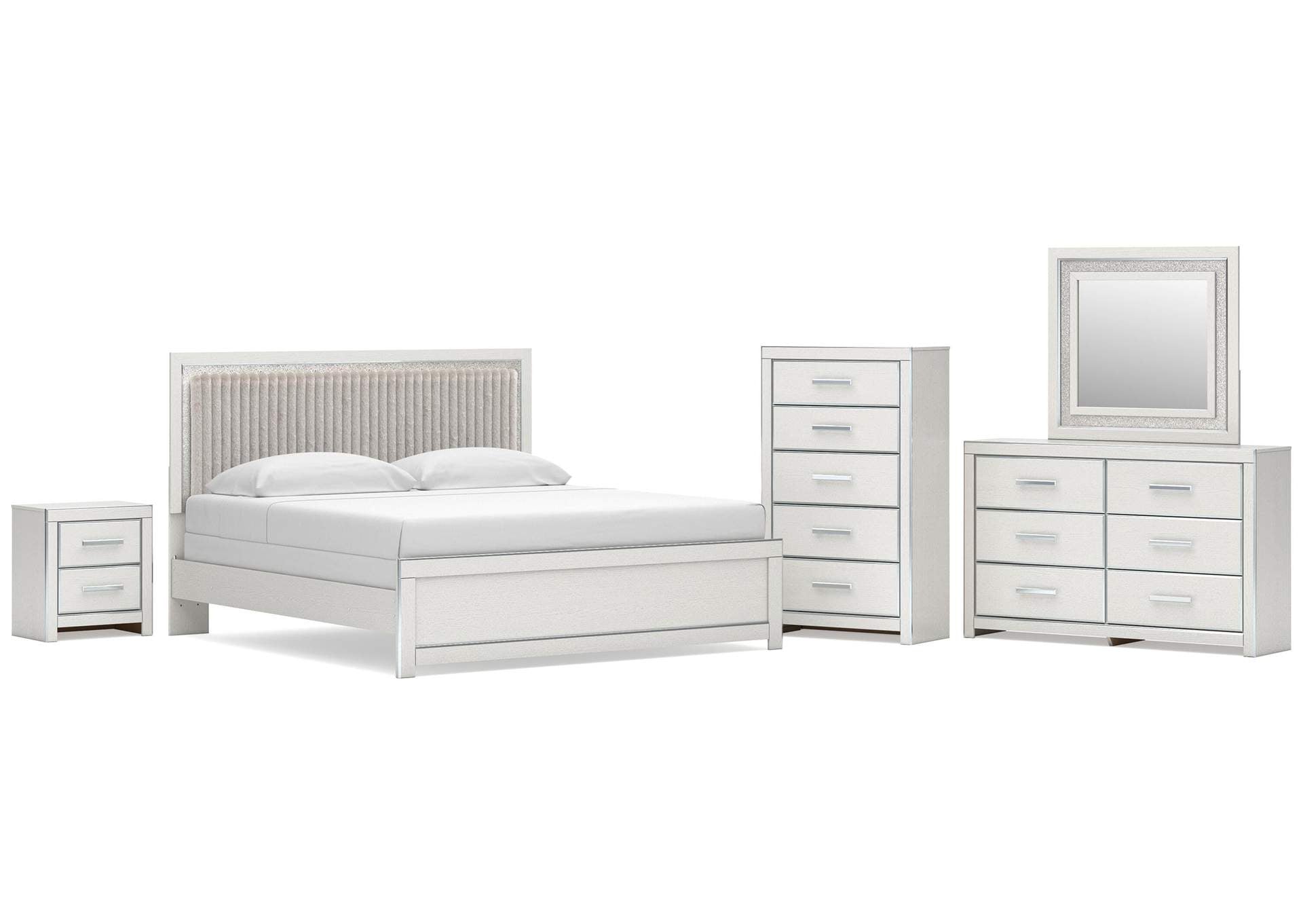 Birmonton King Upholstered Panel Bed, Dresser, Mirror, Chest and Nightstand