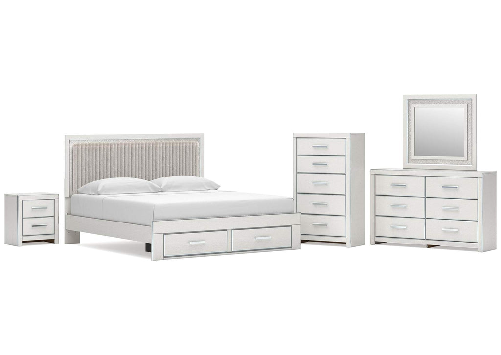 Birmonton King Upholstered Panel Platform Storage Bed, Dresser, Mirror, Chest and Nightstand