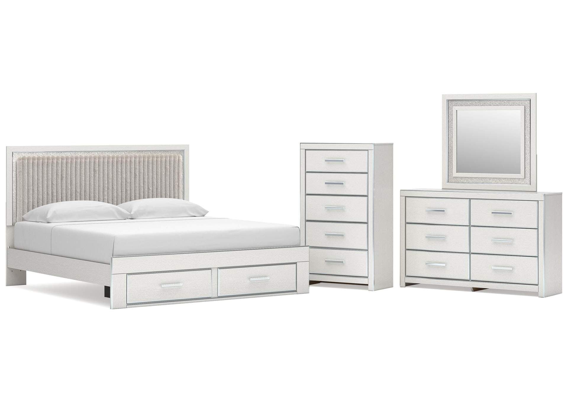 Birmonton King Upholstered Panel Platform Storage Bed, Dresser, Mirror and Chest