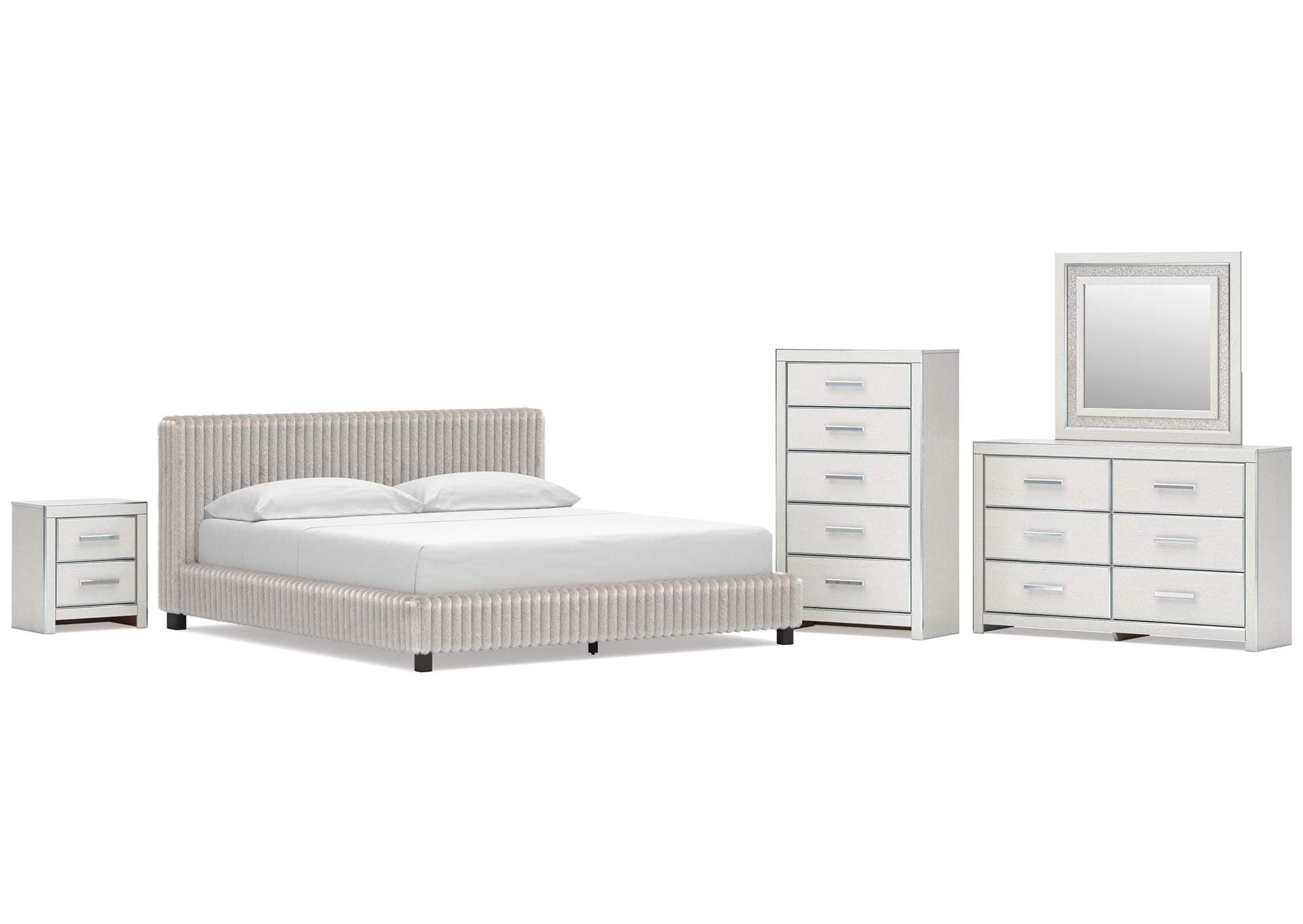 Birmonton California King Upholstered Bed, Dresser, Mirror, Chest and Nightstand