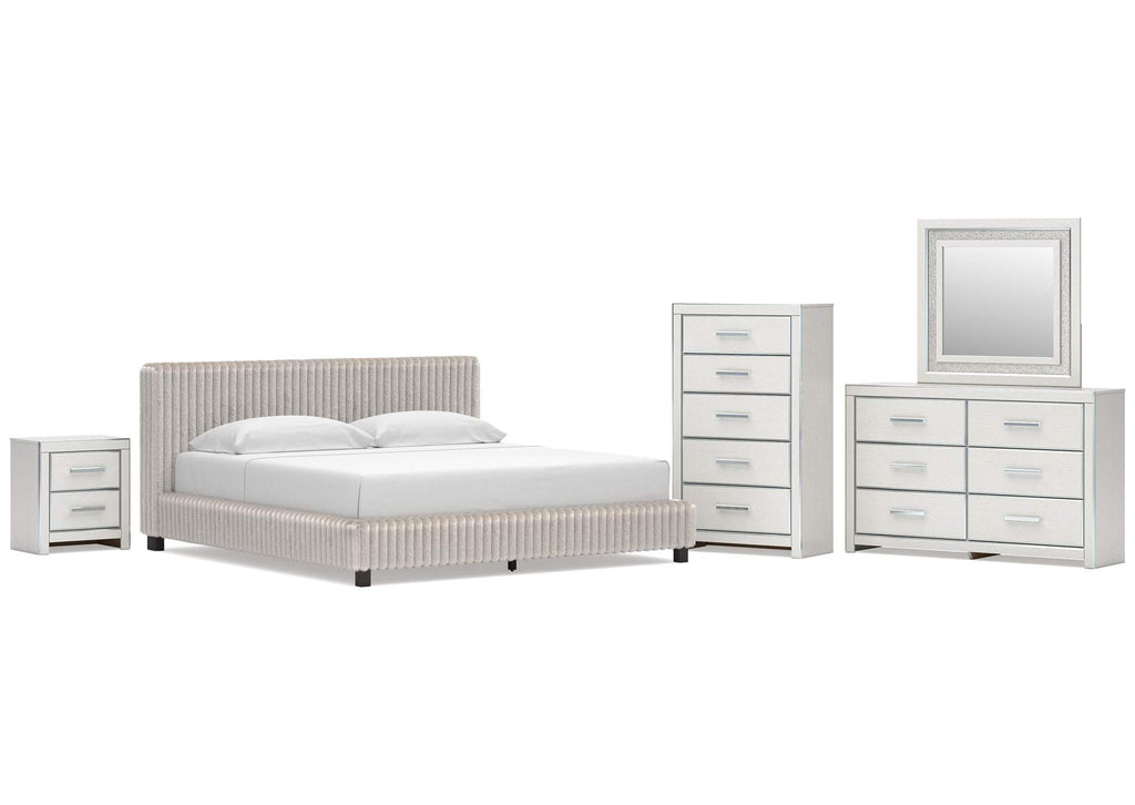 Birmonton King Upholstered Bed, Dresser, Mirror, Chest and Nightstand