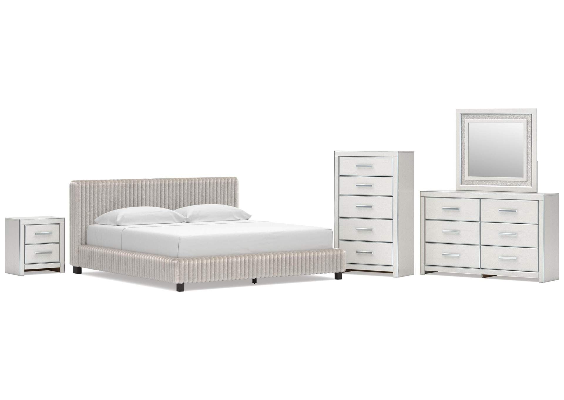 Birmonton King Upholstered Bed, Dresser, Mirror, Chest and Nightstand