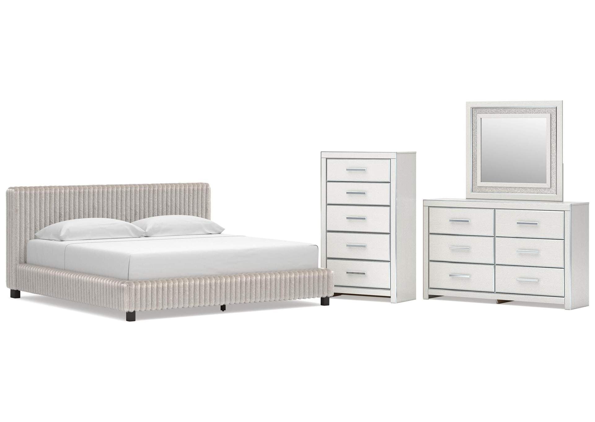 Birmonton King Upholstered Bed, Dresser, Mirror and Chest