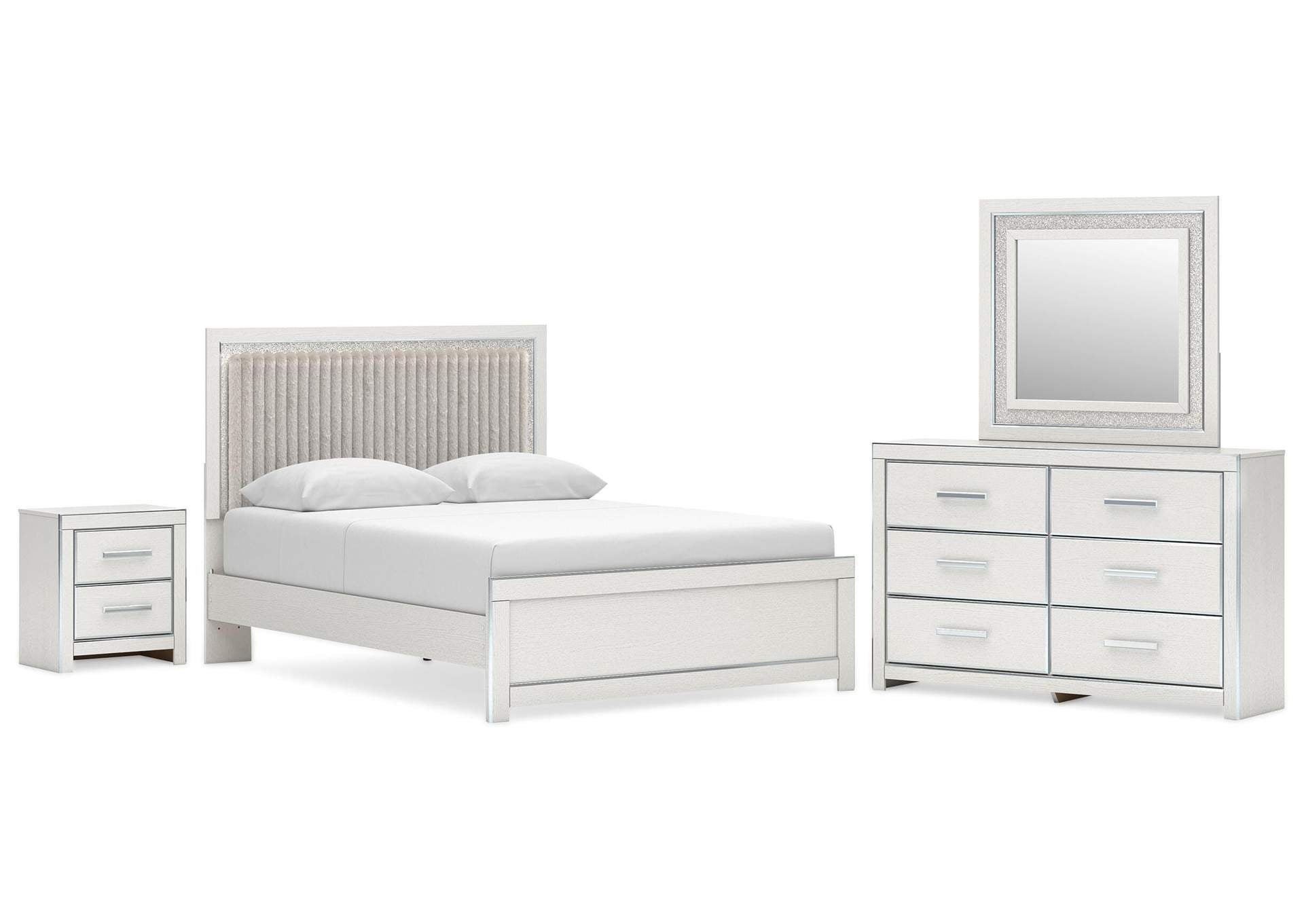 Birmonton Queen Upholstered Panel Platform Bed, Dresser, Mirror and Nightstand