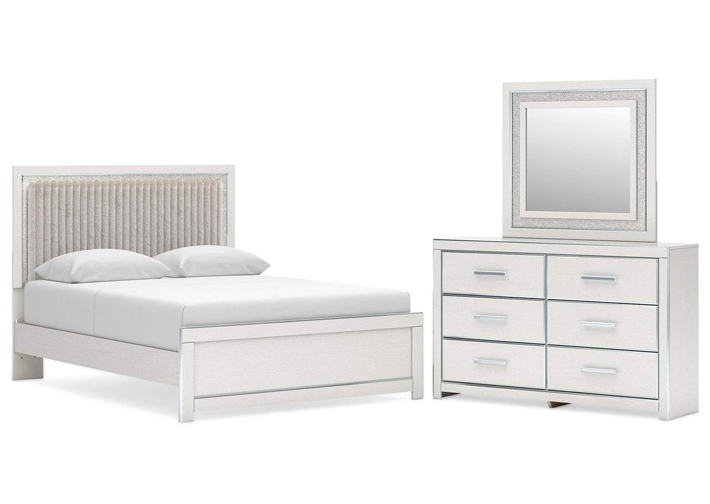 Birmonton Queen Upholstered Panel Platform Bed, Dresser and Mirror