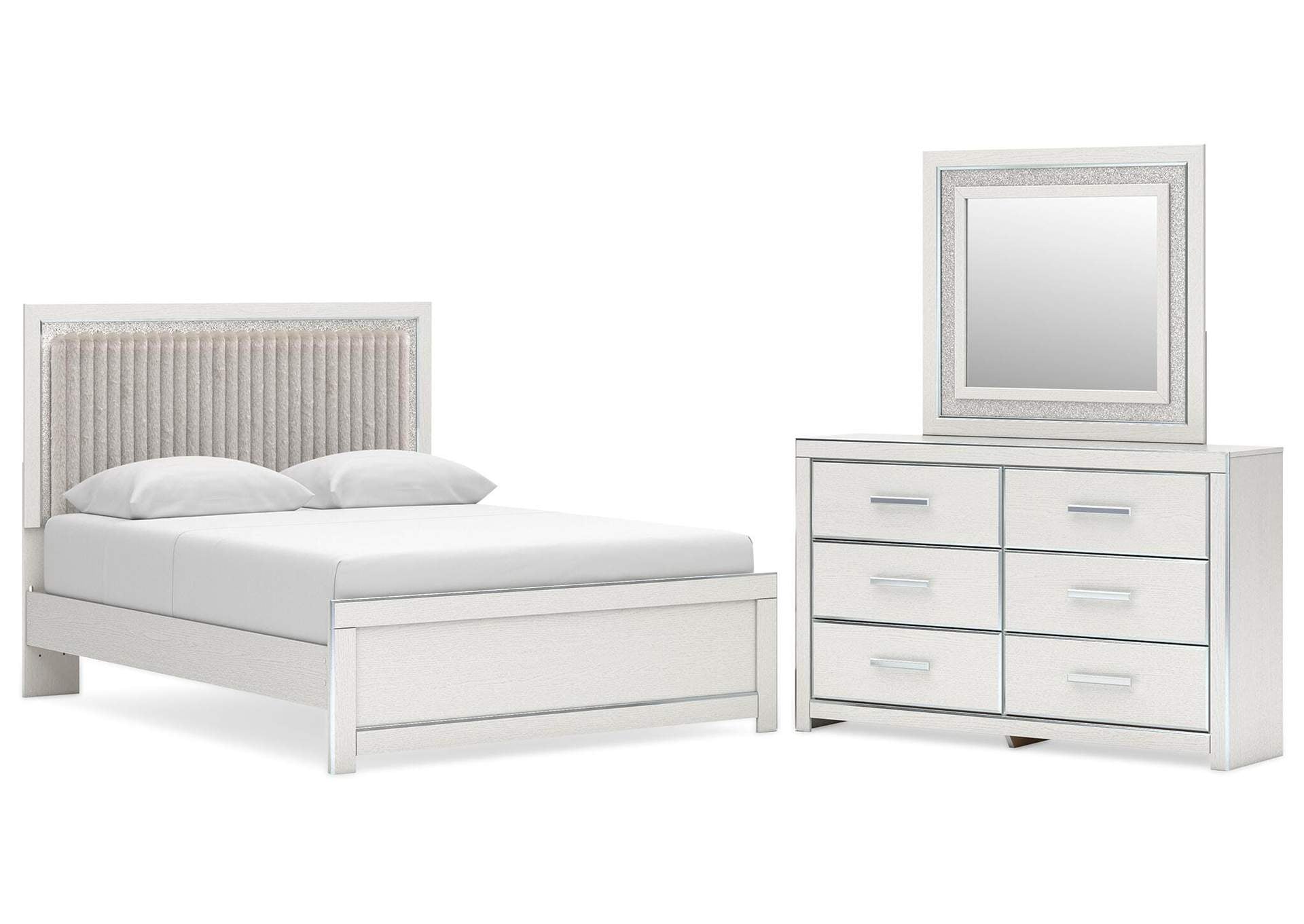 Birmonton Queen Upholstered Panel Platform Bed, Dresser and Mirror