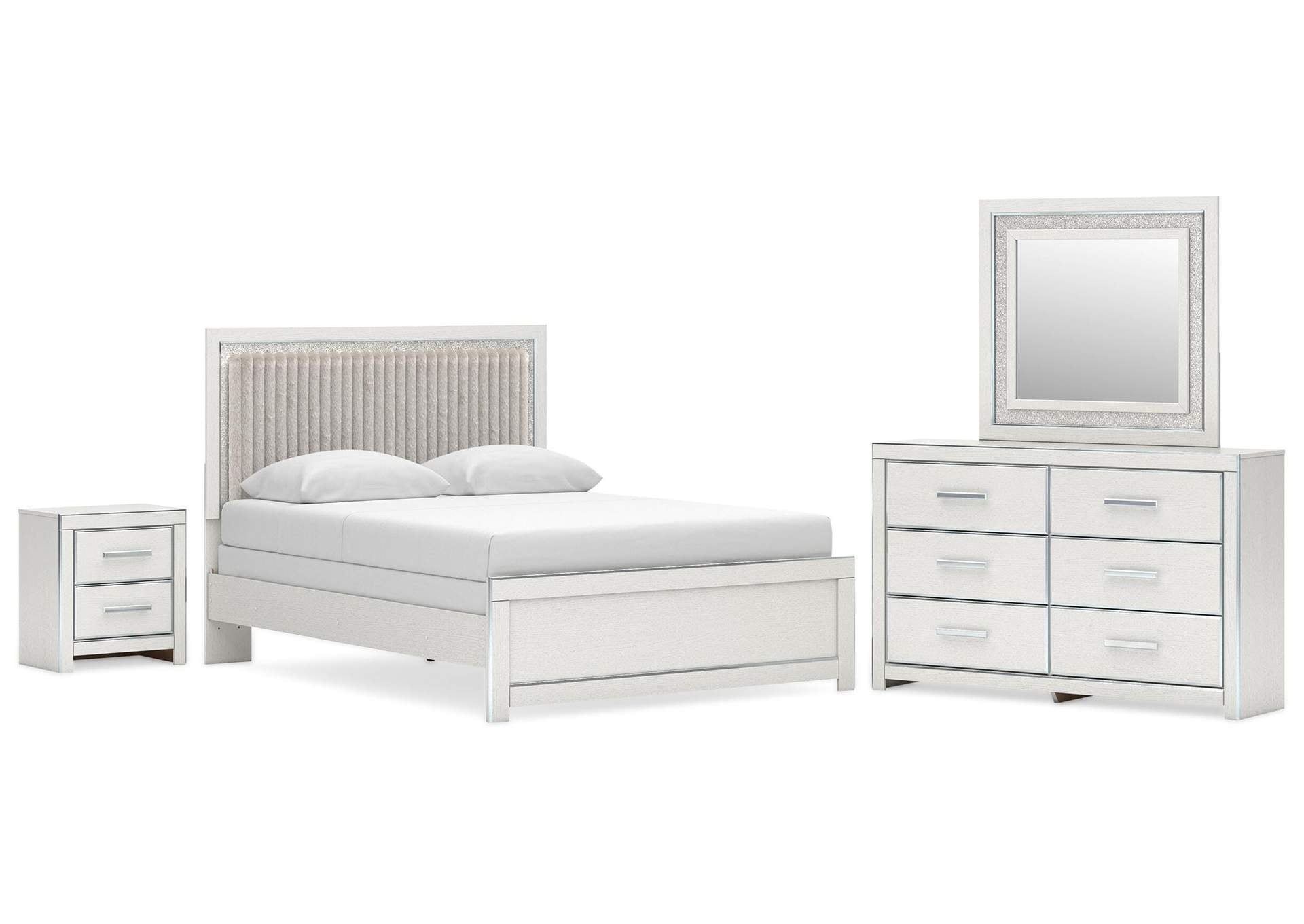 Birmonton Queen Upholstered Panel Bed, Dresser, Mirror and Nightstand