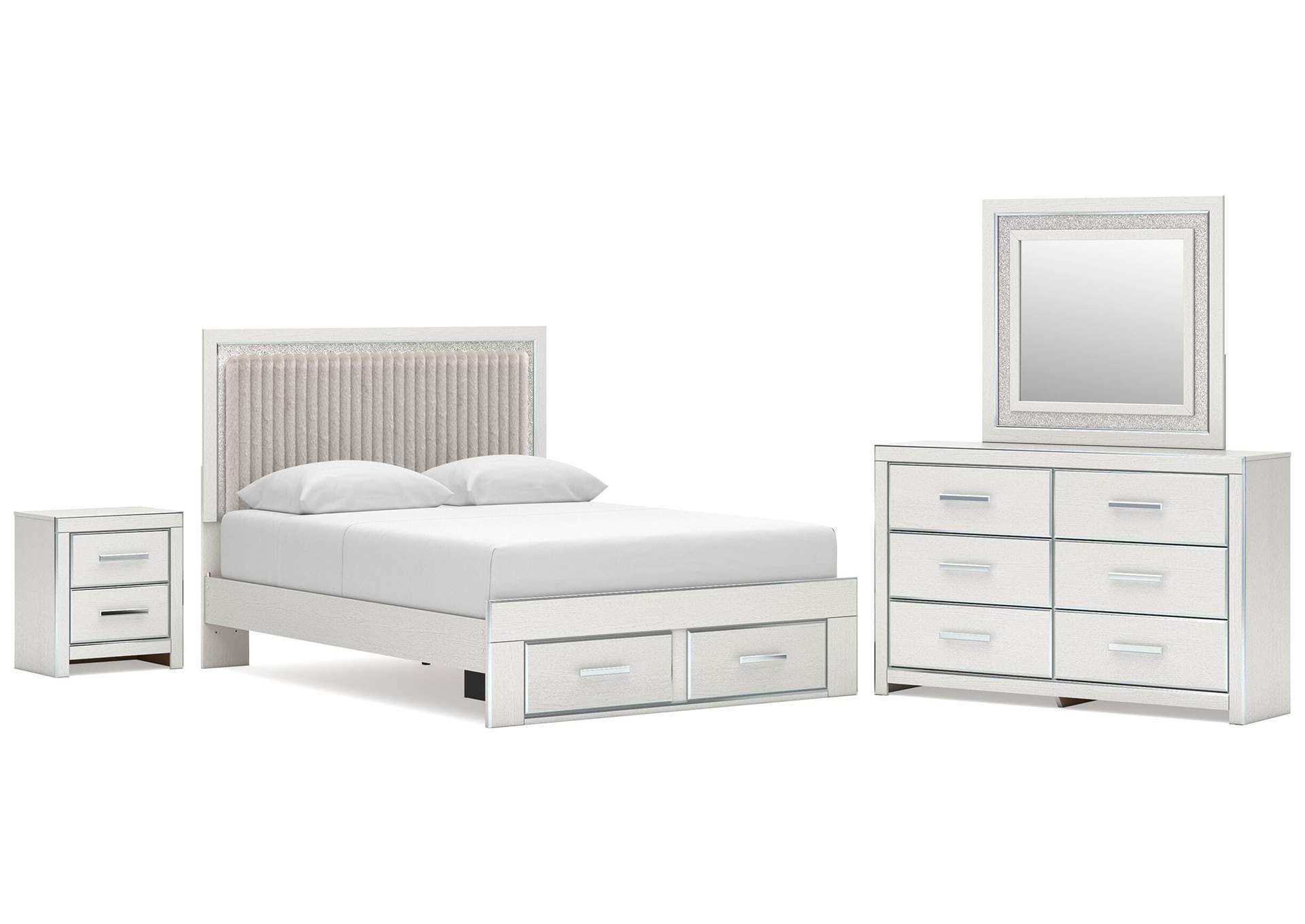 Birmonton Queen Upholstered Panel Platform Storage Bed, Dresser, Mirror and Nightstand