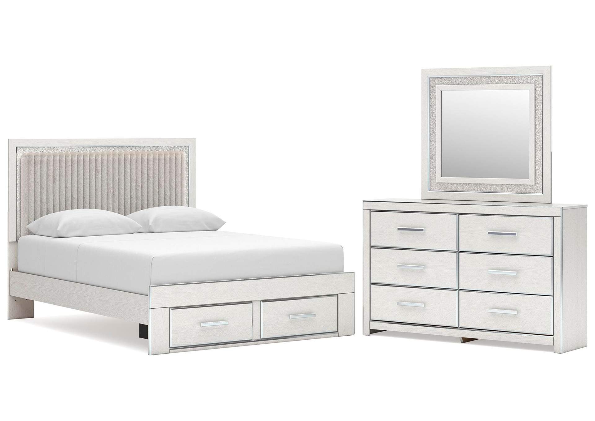 Birmonton Queen Upholstered Panel Platform Storage Bed, Dresser and Mirror