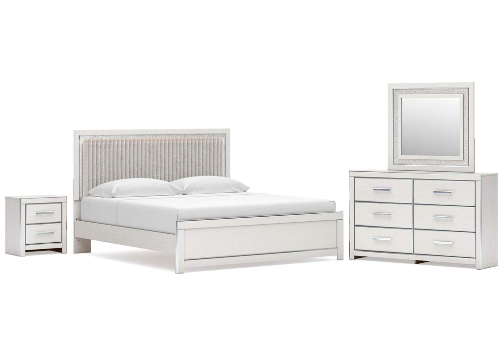 Birmonton King Upholstered Panel Platform Bed, Dresser, Mirror and Nightstand