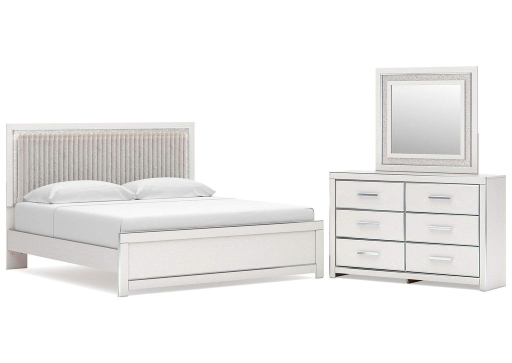 Birmonton King Upholstered Panel Platform Bed, Dresser and Mirror