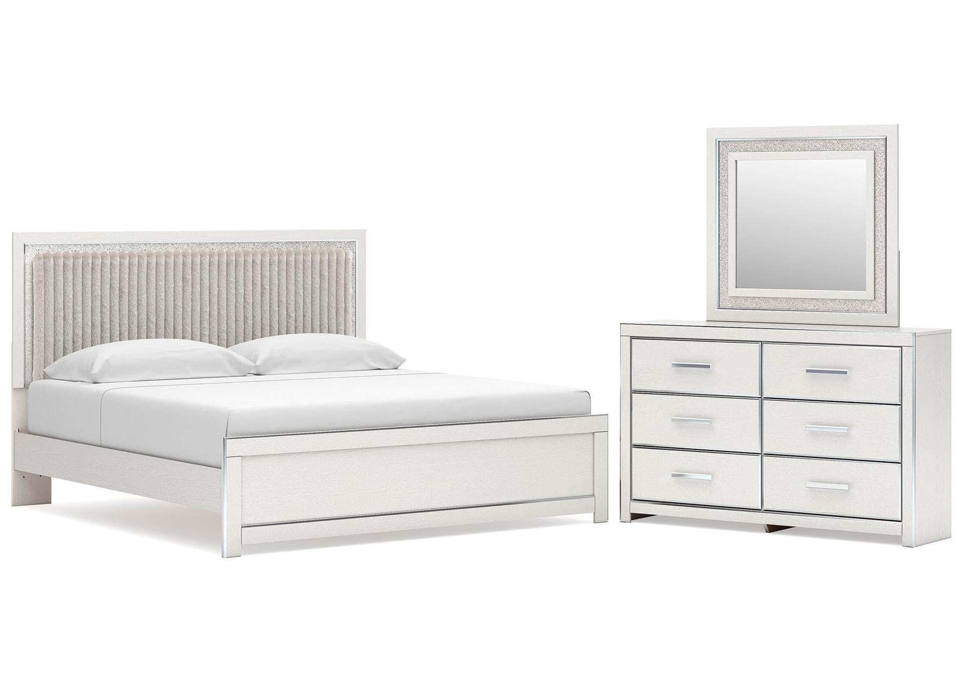 Birmonton King Upholstered Panel Platform Bed, Dresser and Mirror