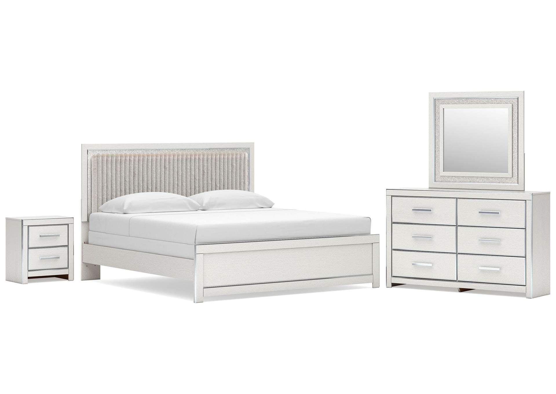 Birmonton King Upholstered Panel Bed, Dresser, Mirror and Nightstand