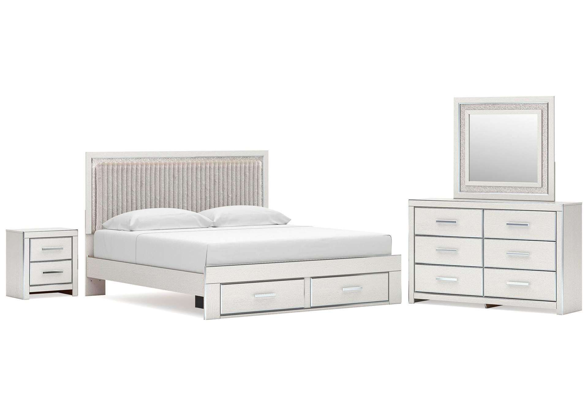 Birmonton King Upholstered Panel Platform Storage Bed, Dresser, Mirror and Nightstand