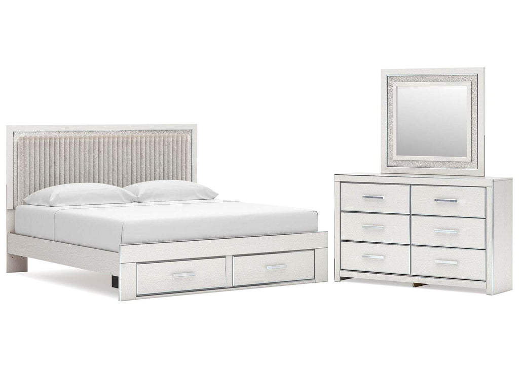 Birmonton King Upholstered Panel Platform Storage Bed, Dresser and Mirror