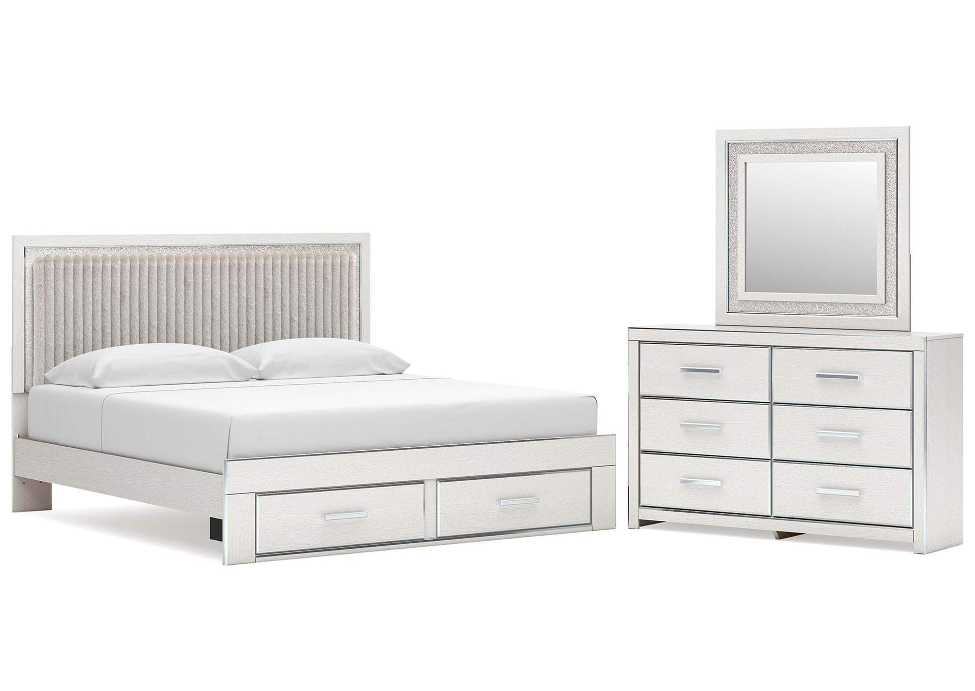 Birmonton King Upholstered Panel Platform Storage Bed, Dresser and Mirror