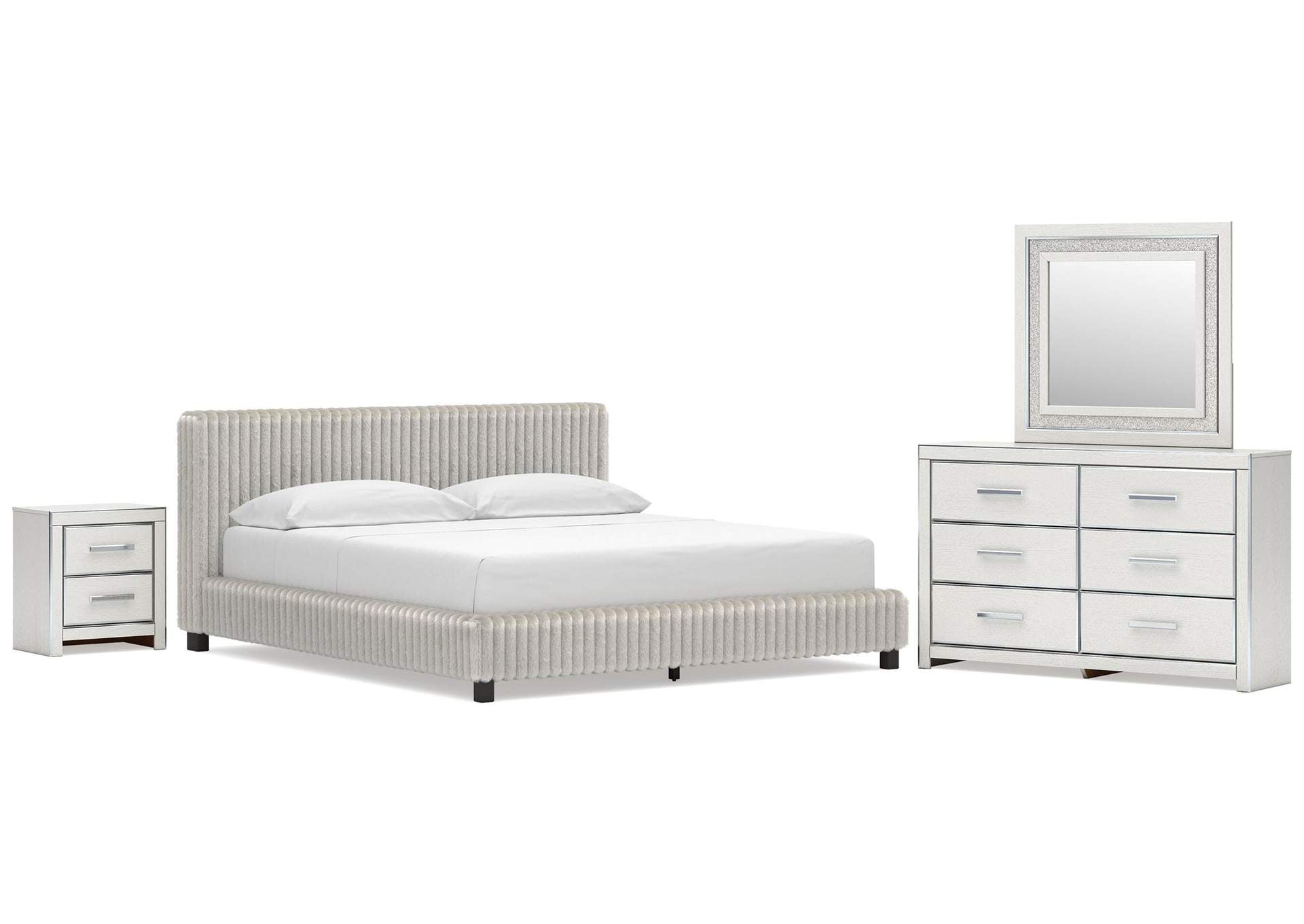 Birmonton California King Upholstered Bed, Dresser, Mirror and Nightstand