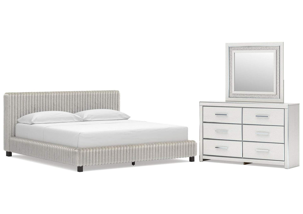 Birmonton California King Upholstered Bed, Dresser and Mirror