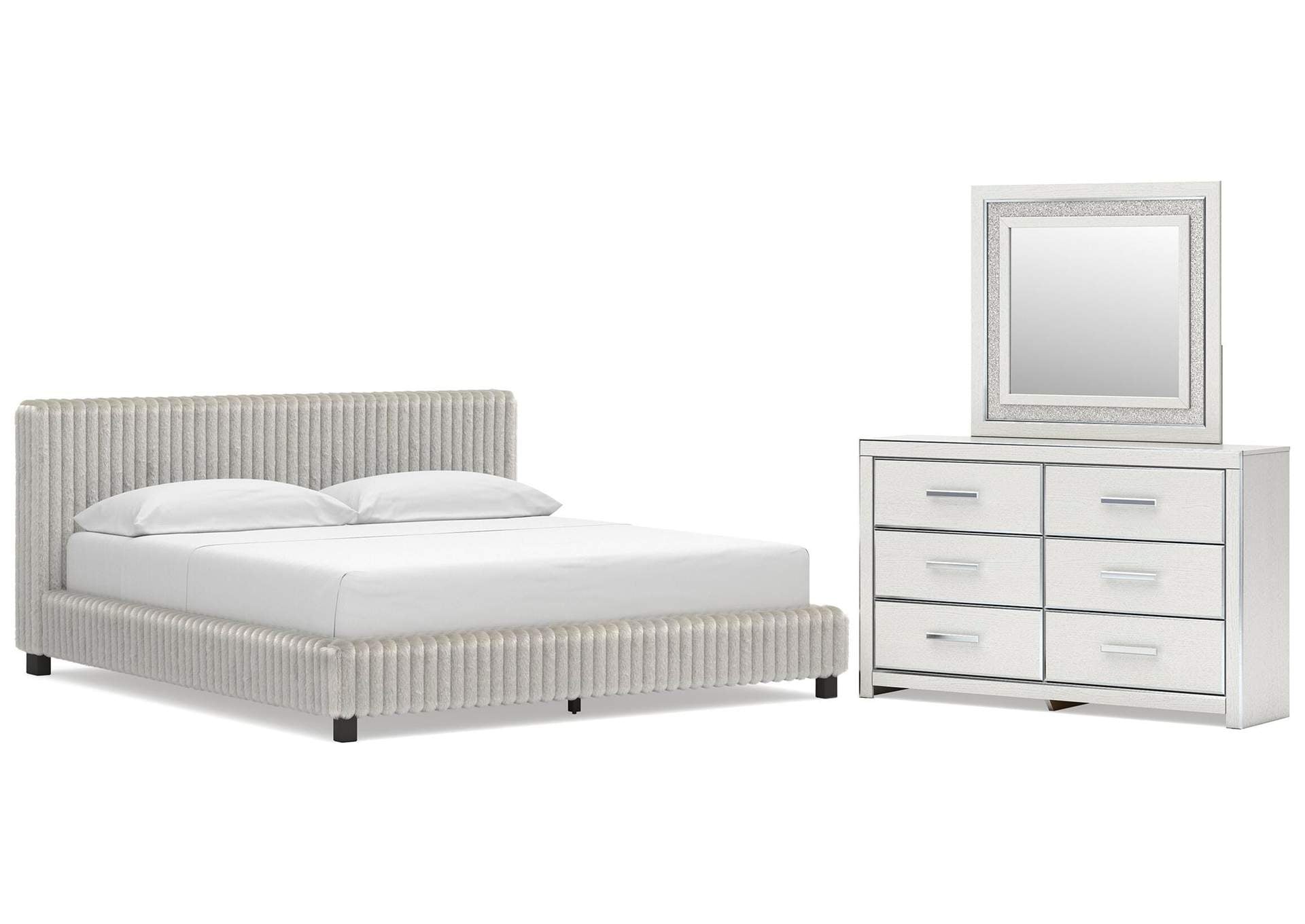 Birmonton California King Upholstered Bed, Dresser and Mirror