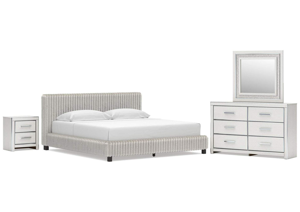 Birmonton King Upholstered Bed, Dresser, Mirror and Nightstand