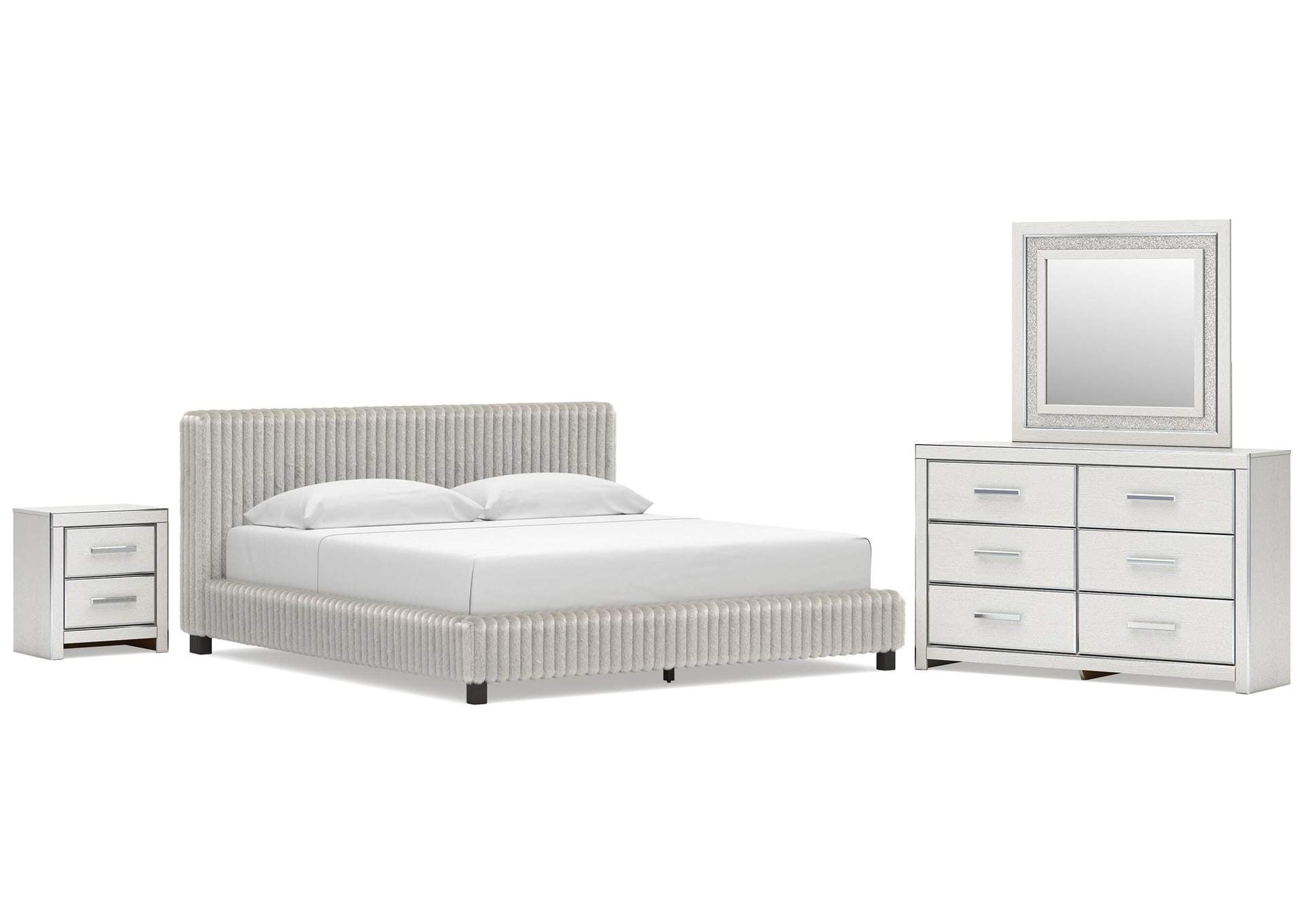 Birmonton King Upholstered Bed, Dresser, Mirror and Nightstand