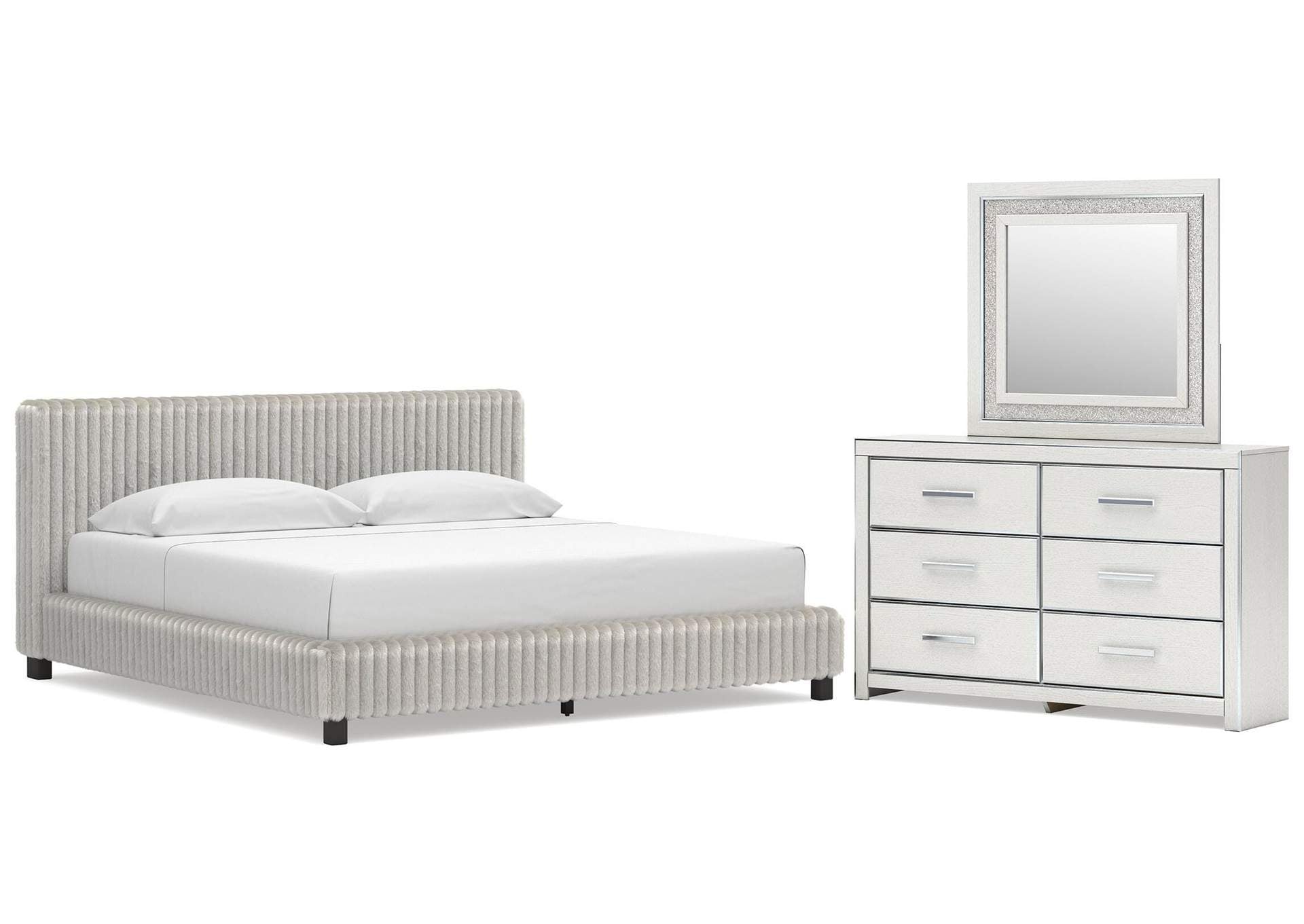 Birmonton King Upholstered Bed, Dresser and Mirror