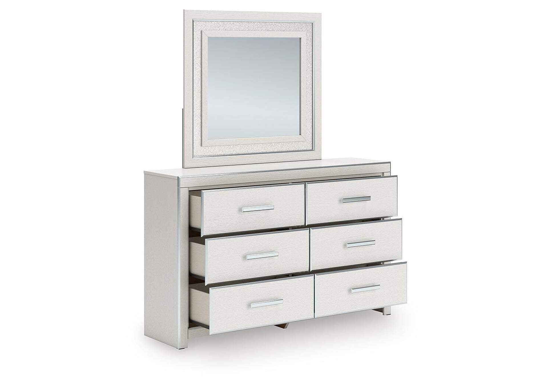 Birmonton King Upholstered Bed, Dresser, Mirror and Nightstand angled view