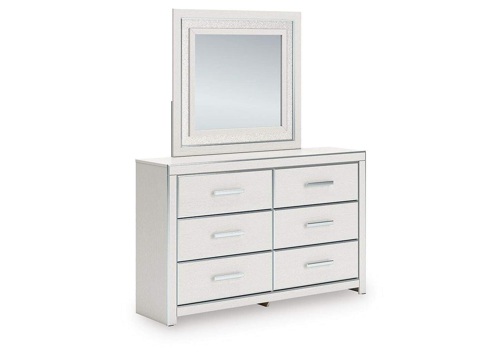 Birmonton King Upholstered Panel Platform Storage Bed, Dresser, Mirror and Nightstand angled view