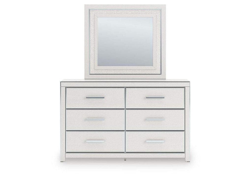 Birmonton Queen Upholstered Panel Platform Bed, Dresser and Mirror front view