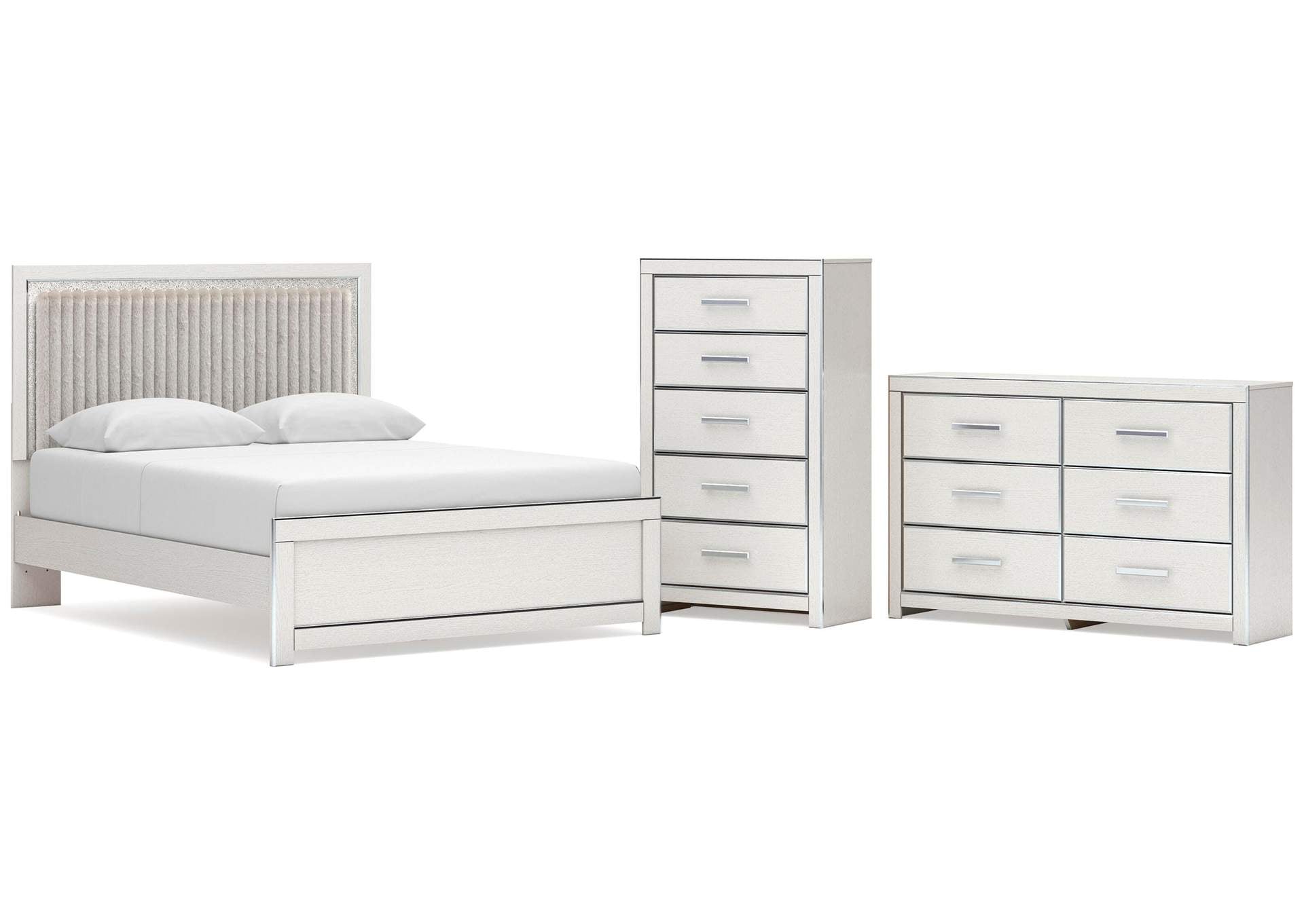 Birmonton Queen Upholstered Panel Platform Bed, Dresser and Chest