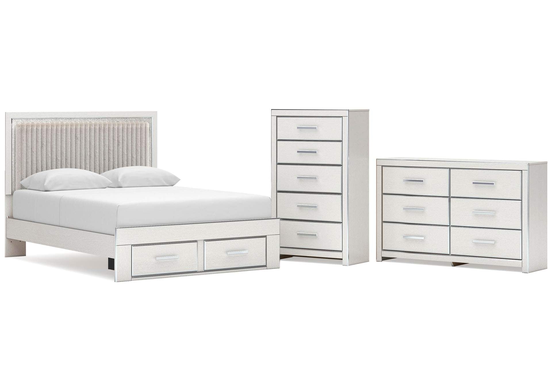 Birmonton Queen Upholstered Panel Platform Storage Bed, Dresser and Chest