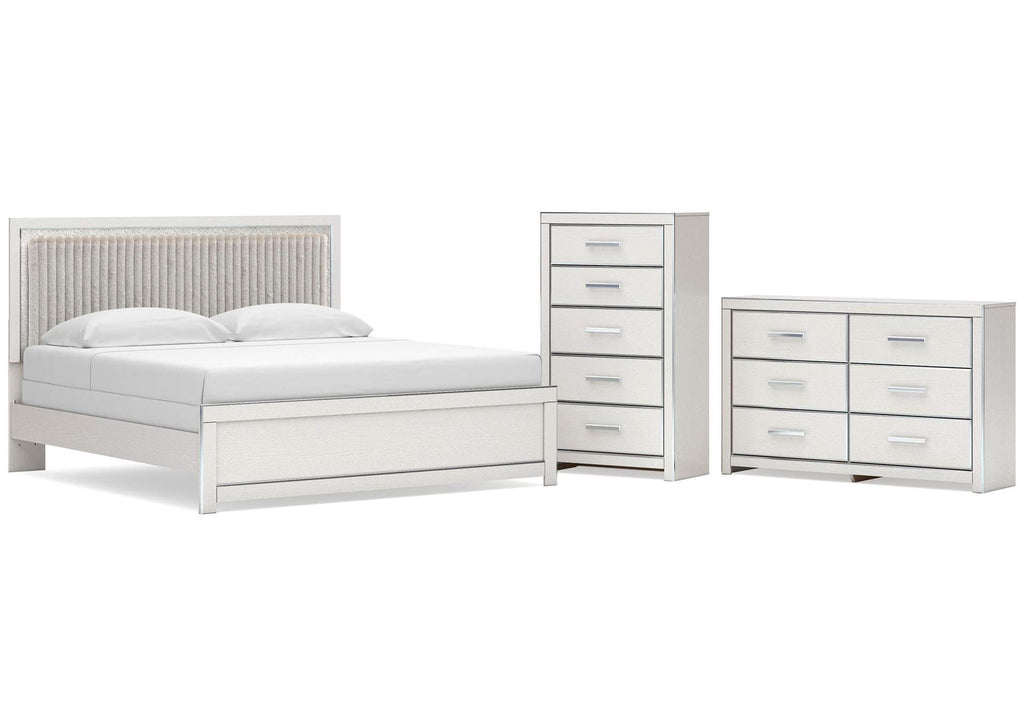 Birmonton King Upholstered Panel Bed, Dresser and Chest
