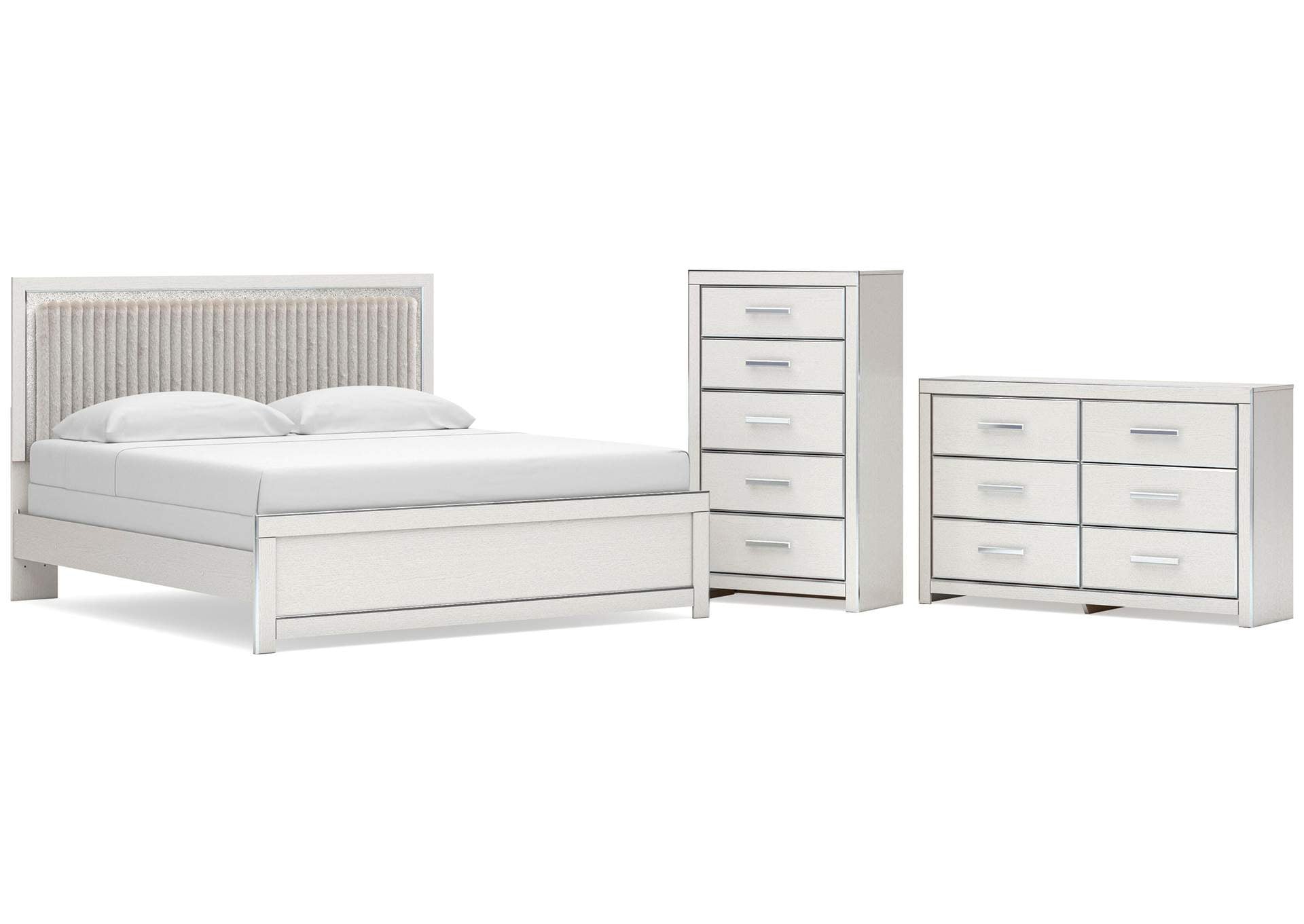Birmonton King Upholstered Panel Bed, Dresser and Chest